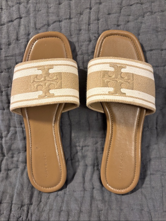 Tory Burch Shoes - Tory Burch Beige and Cream Canvas Slide Sandals